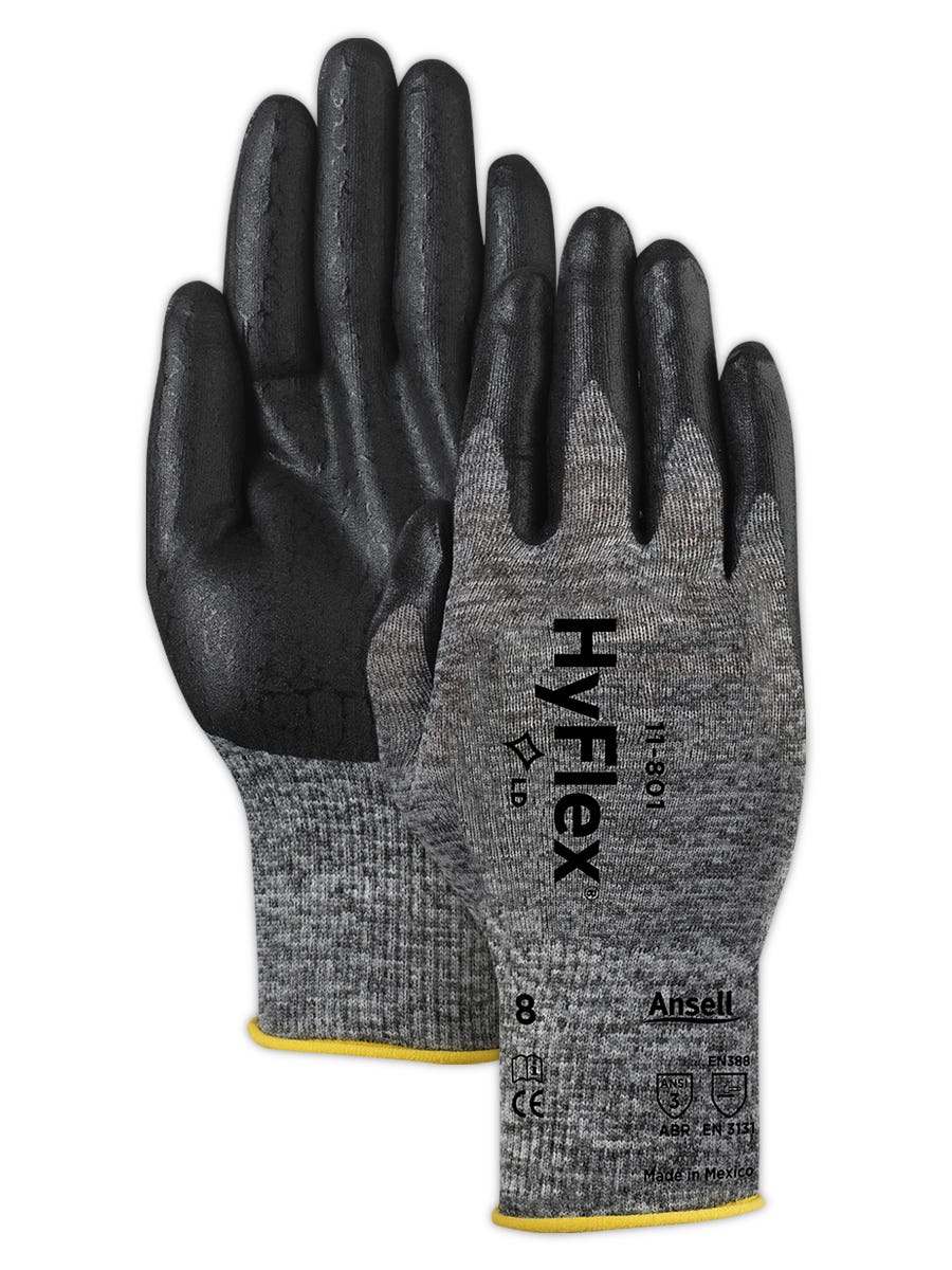 Ansell HyFlex 11 801 Grey and Black Nitrile Coated Machine Knit Gloves
