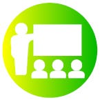 Icon showing a teacher pointing to a screen in front of a class