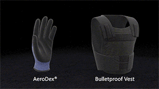 A gif representing the creation of AeroDex(r) FR glove material showing fibers from an AeroDex glove and a bulletproof vest melding together to create a new fiber.