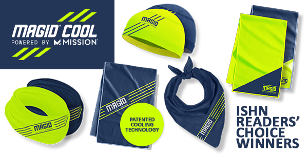 Picture of an assortment of Magid Cool Powered by Mission body cooling garments with caption reading ISHN READERS' CHOICE WINNERS.