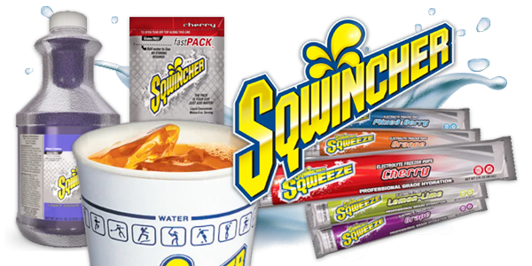 Picture of an assortment of Sqwincher-brand hydration products.