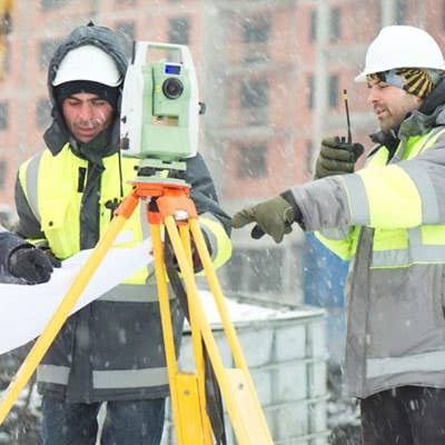 A picture of two male workers in high-visibility winter gear and hard hats, working with plans and equipment in cold outdoor conditions.