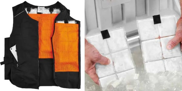 Photo of a black phase change cooling vest with orange cooling packs inside next to a photo of cooling packs being immersed in ice