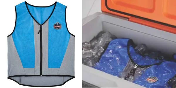 Photo of a cooling vest next to a photo of a cooling vest immersed in ice in an orange and gray cooler