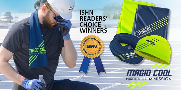 Photo of an industrial worker feeling overheated on a roof with solar panels along with an ISHN Readers Choice Award and body cooling PPE