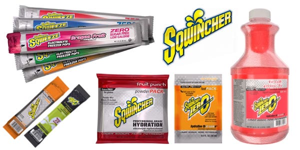 Photo of Sqwincher hydration products including bottled liquid, powder packs, and freeze pops