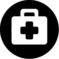 Icon of a black and white first-aid kit within a circle