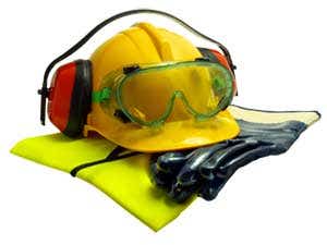 Image of a hard hat, safety goggles, protective ear muffs, and a safety vest