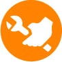 An icon of an orange circle with a white hand holding a white wrench in the middle.