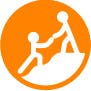 An icon of an orange circle with a white image of two people climbing a mountain with one person helping the other up.