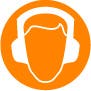 An icon of an orange circle with a white image of a head wearing headphones.