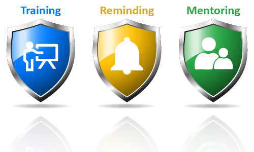 Icon of training presentation for worker safety. Icon of bell reminder. Icon of older workers mentoring younger workers.