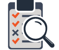 An icon of a clipboard with a list of checked items and a magnifying glass