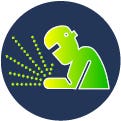Green icon of a worker welding inside a blue circle