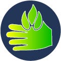 Green icon of a hand with flames on top inside a blue circle