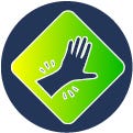 Icon of a hand with lines depicting pain inside a blue circle