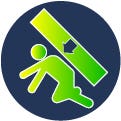 Green icon in a blue circle showing a person being crushed by a large object tipping over onto them.