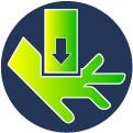 Green icon in a blue circle showing a hand being impacted and potentially amputated by an object.