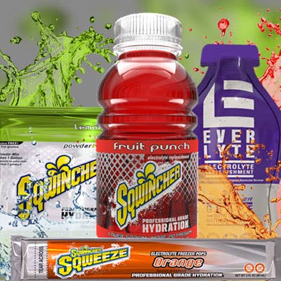 A picture of an array of Sqwincher-branded rehydration drinks and powder mixes.