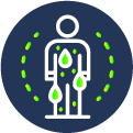 An icon showing an outline of a person with dashed lines and water droplets to represent the process of sweating and moisture evaporation.