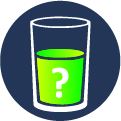 An icon of a glass containing a green liquid to represent water or an electrolyte drink with a white question mark over it.