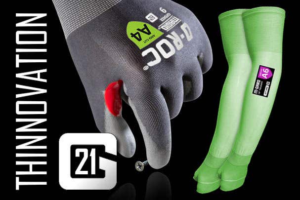 Picture of a hand wearing a Magid GPD412 21-Gauge ANSI A4 cut resistant work glove picking up a small screw