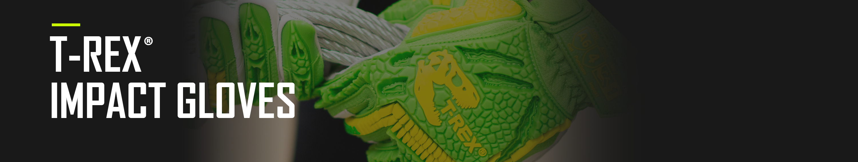 Magid T-Rex impact gloves in a high-vis green color holding a thick rope to show that the work gloves protect against blows to the back of the hands. 